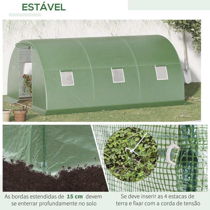 Estufa Tipo Túnel 4,5x3x2 m Estufa de Exterior com Paredes Laterais Enroláveis 6 Janelas de Malha e Porta Enrolável com Fecho de Correr para Jardim Pátio Verde
