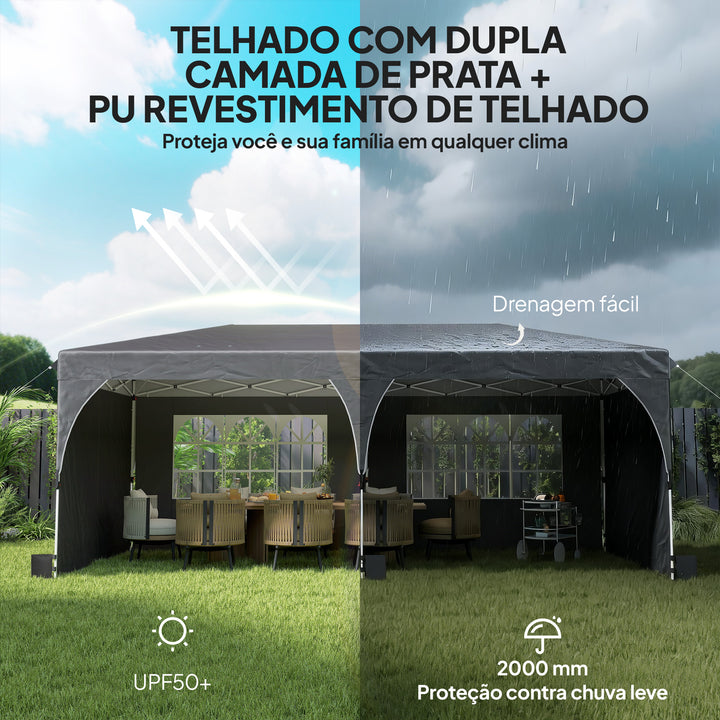 Tenda Dobrável 6x3 m Pop-up com 4 Laterais Amovíveis Tenda de Jardim com Faixas Refletoras Altura Ajustável Sistema Central de Bloqueio UPF50+ Impermeável Bolsa de Transporte Cinzento