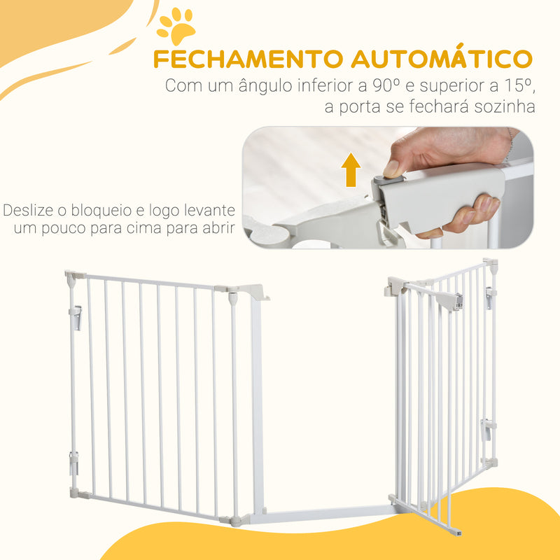 Barreira de Segurança para Animais de Estimação Barreira Dobrável de 5 Painéis com Fechadura Inteligente para Corredor Escada 180x74,5 cm Branco