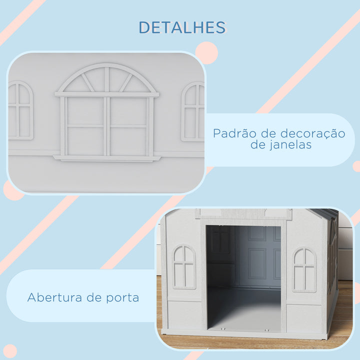 Casa para Cães 65x75,7x63 cm Casa para Cães com Janelas e Teto com Telhas de Imitação para Cães Médios Cinza e Branco