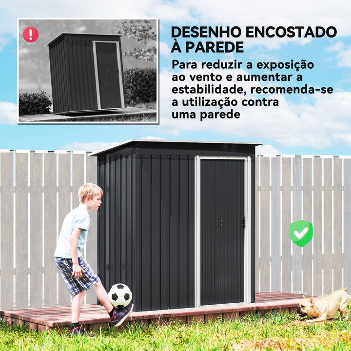 Abrigo de Jardim Exterior 1,5 m² 163x89x182 cm Abrigo Metálico para Ferramentas com Porta de Correr e Teto Inclinado para Pátio Preto