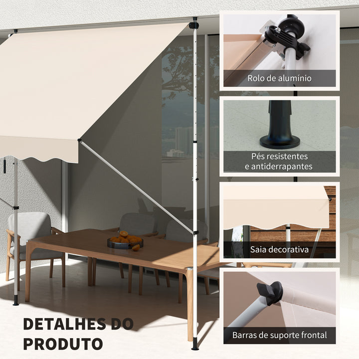 Toldo Manual Retrátil para Exterior 300x150x170-280cm Toldo Enrolável Altura Ajustável com Manivela Proteção Solar para Terraço Balcão Jardim Bege