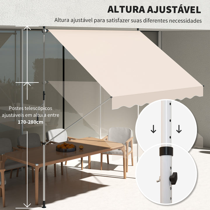 Toldo Manual Retrátil para Exterior 300x150x170-280cm Toldo Enrolável Altura Ajustável com Manivela Proteção Solar para Terraço Balcão Jardim Bege