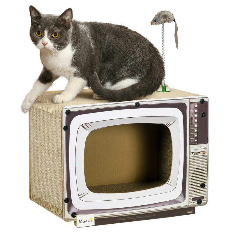 Arranhador de Cartão para Gatos Casa para Gatos em Forma de Televisor com Rato de Brinquedo Centro de Atividades para Animais de Estimação 43x23x32,5 cm Areia