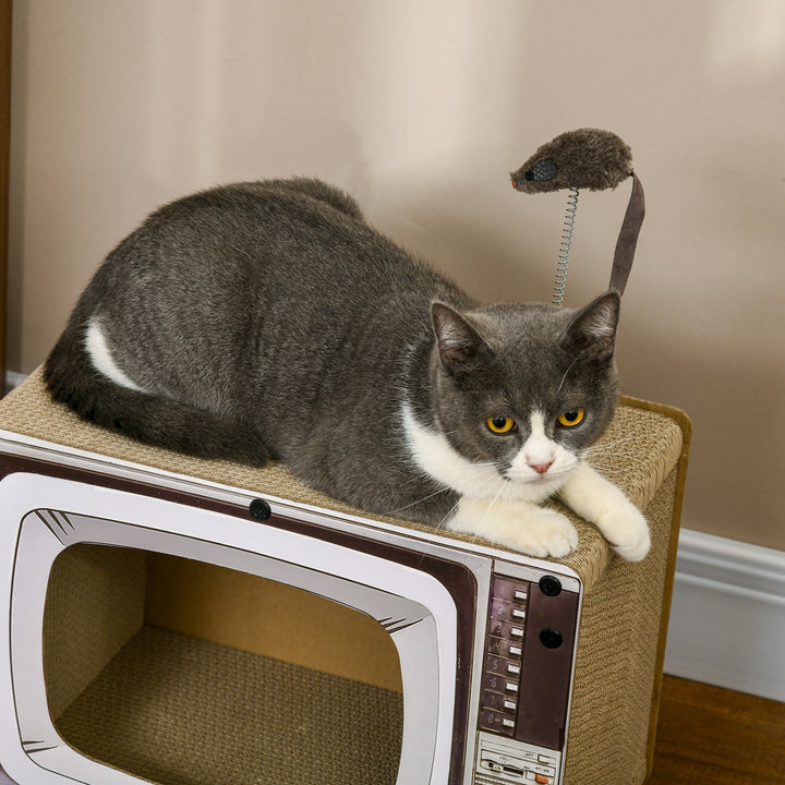 Arranhador de Cartão para Gatos Casa para Gatos em Forma de Televisor com Rato de Brinquedo Centro de Atividades para Animais de Estimação 43x23x32,5 cm Areia