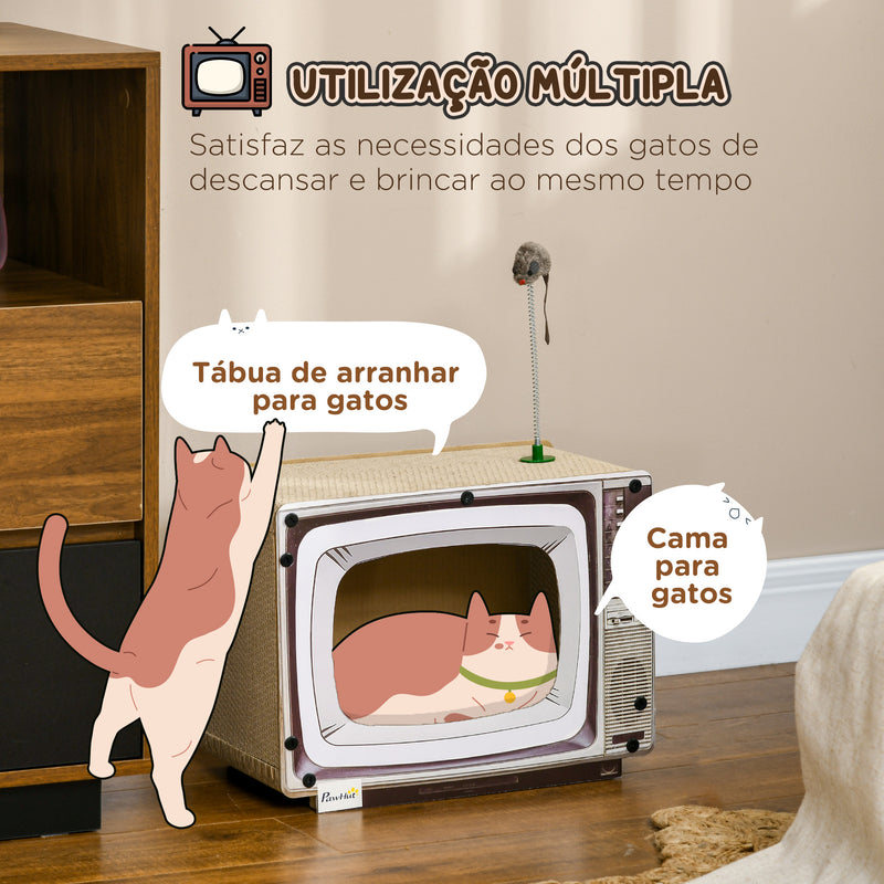 Arranhador de Cartão para Gatos Casa para Gatos em Forma de Televisor com Rato de Brinquedo Centro de Atividades para Animais de Estimação 43x23x32,5 cm Areia