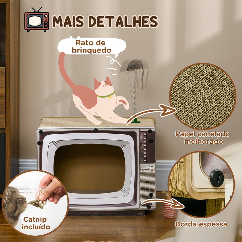 Arranhador de Cartão para Gatos Casa para Gatos em Forma de Televisor com Rato de Brinquedo Centro de Atividades para Animais de Estimação 43x23x32,5 cm Areia