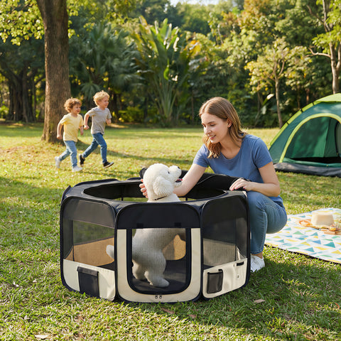 Parque Dobrável para Cães e Gatos Cercado Portátil para Animais Pequenos em Tecido Oxford Impermeável com 2 Portas Interior e Exterior Ø90x41 cm Preto