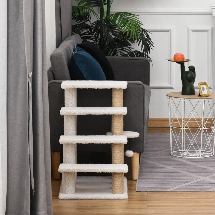 Escada para Gatos de 4 Níveis Coberta de Pelúcia Suave Poste de Juta Bola Pendurada Arranhador para Gatos 60x40x64 cm Branco