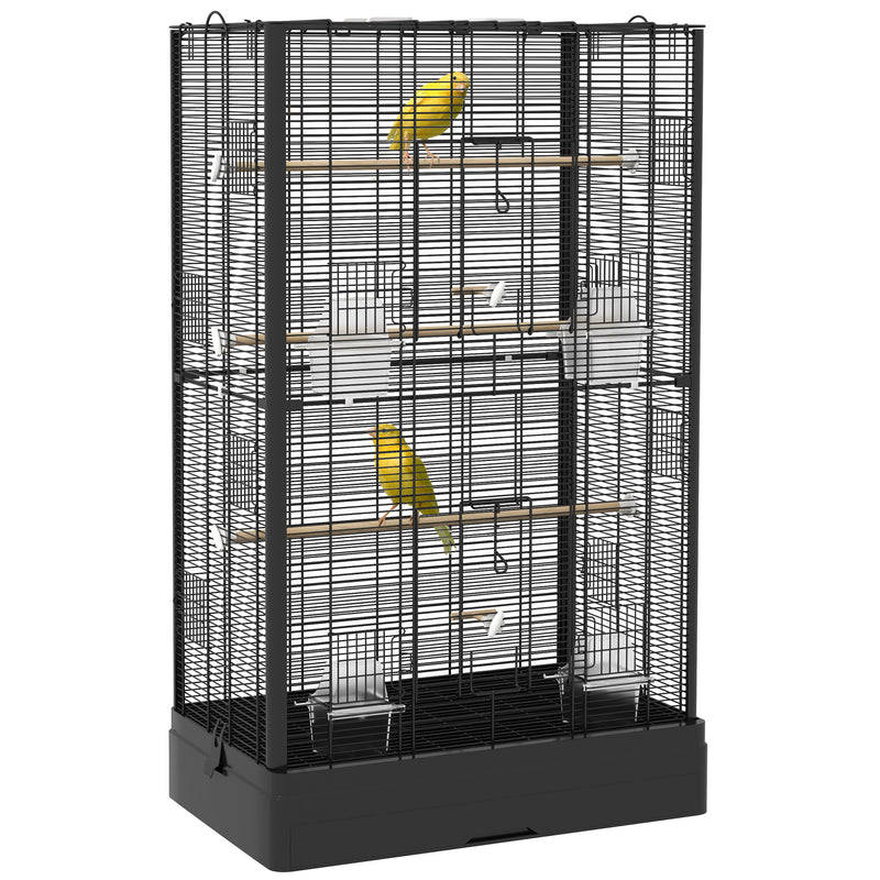 Gaiola para Pássaros 61x36,5x98 cm Gaiola para Aves com Portas Poleiros Bandeja Removível Caixas de Comida e Alças para Canários Periquitos Preto