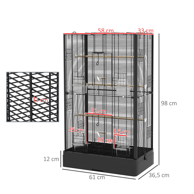 Gaiola para Pássaros 61x36,5x98 cm Gaiola para Aves com Portas Poleiros Bandeja Removível Caixas de Comida e Alças para Canários Periquitos Preto