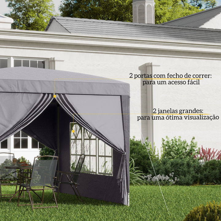 Tenda de Jardim com Paredes Laterais Amovíveis Janelas Porta com Fecho de Correr e Bolsa de Transporte 295x295x196-258 cm Cinzento