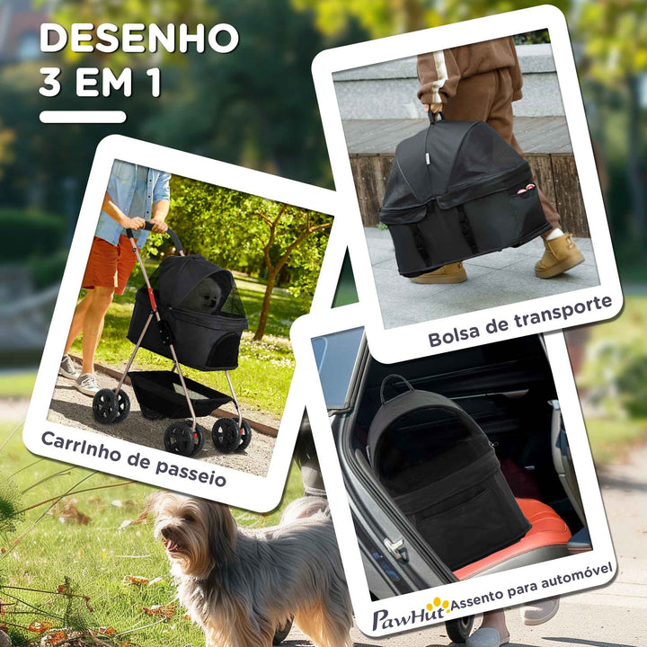 Carrinho para Cães Dobrável 3 em 1 Carrinho para Animais Carrinho para Cães Miniatura com Cesta de Armazenamento Janela de Malha Portacopos e 2 Rodas Universais 76x50x102 cm Preto