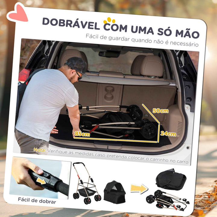Carrinho para Cães Dobrável 3 em 1 Carrinho para Animais Carrinho para Cães Miniatura com Cesta de Armazenamento Janela de Malha Portacopos e 2 Rodas Universais 76x50x102 cm Preto