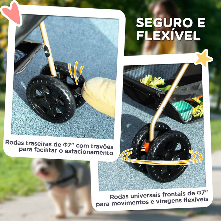 Carrinho para Cães Dobrável 3 em 1 Carrinho para Animais Carrinho para Cães Miniatura com Cesta de Armazenamento Janela de Malha Portacopos e 2 Rodas Universais 76x50x102 cm Preto