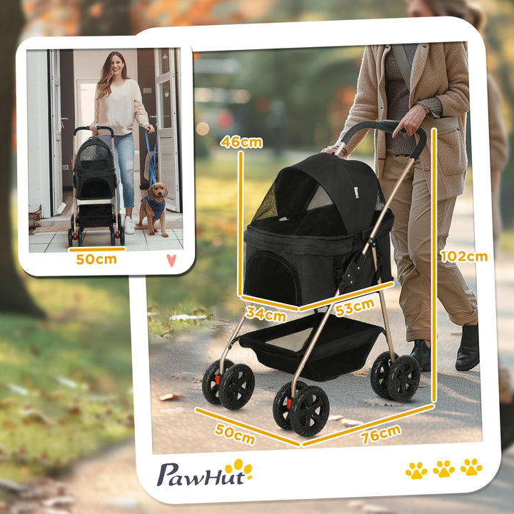 Carrinho para Cães Dobrável 3 em 1 Carrinho para Animais Carrinho para Cães Miniatura com Cesta de Armazenamento Janela de Malha Portacopos e 2 Rodas Universais 76x50x102 cm Preto