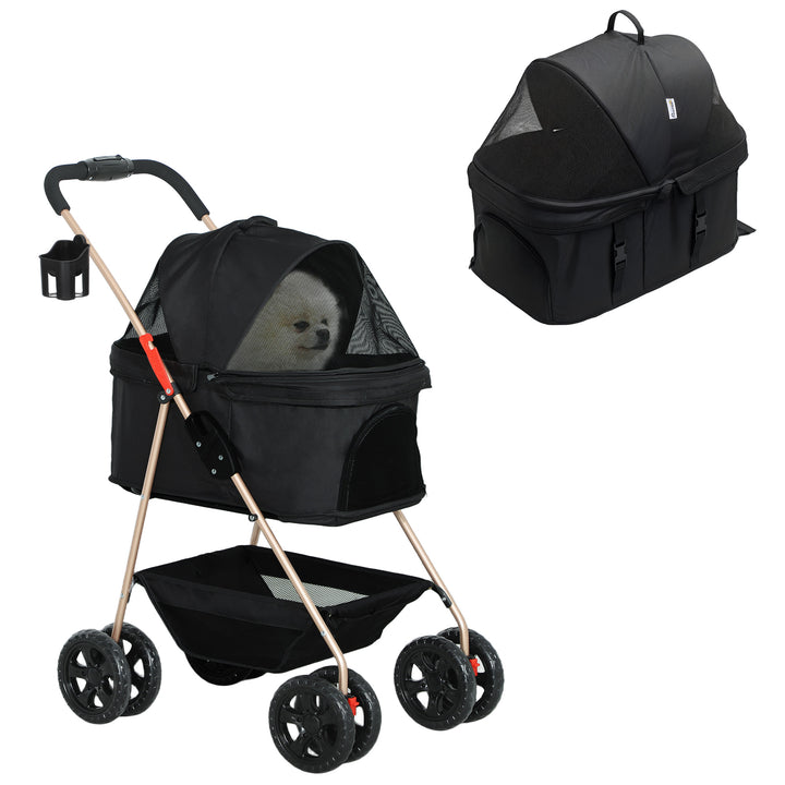 Carrinho para Cães Dobrável 3 em 1 Carrinho para Animais Carrinho para Cães Miniatura com Cesta de Armazenamento Janela de Malha Portacopos e 2 Rodas Universais 76x50x102 cm Preto