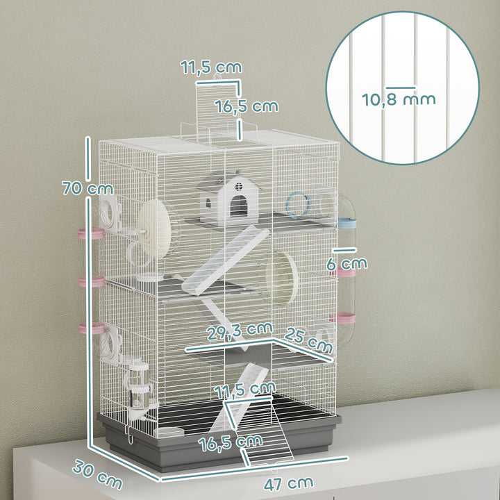 Gaiola para Hámster 47x30x70 cm Casa para Animais Pequenos com Túnel Plataformas Tigela Bebedouro Casinha Rampas e Roda de Exercício para Hámsters Anões Gerbos Cinzento