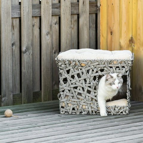 Cesta de Vime para Gatos de 2 Níveis Cama Caverna de Gatos com 2 Almofadas Suaves Estrutura de Metal 51x42x37cm Cinza e Bege