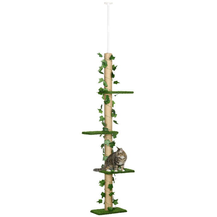 Árvore para Gatos do Chão ao Teto 37x21x202-242 cm Torre Arranhador para Gatos com Altura Ajustável 4 Plataformas de Relva Artificial Folhas Artificiais e Poste de Juta Verde