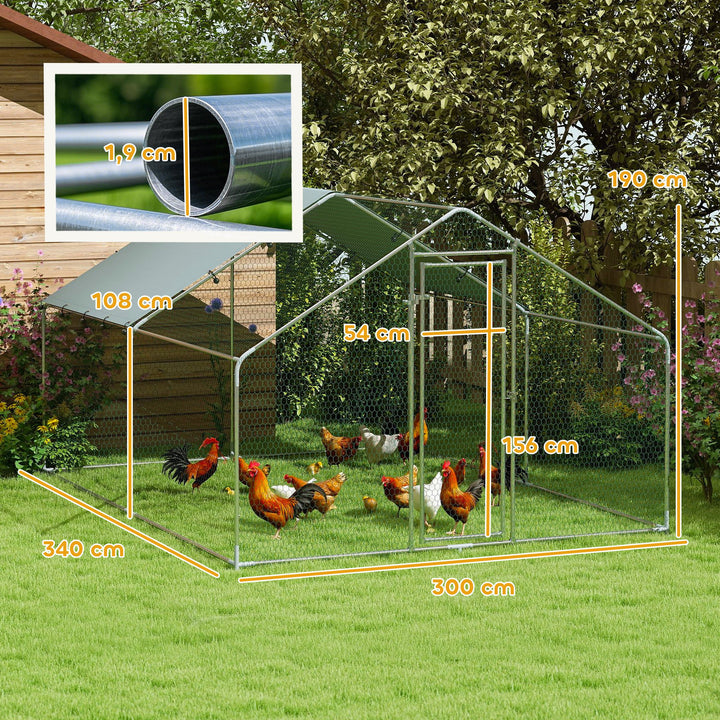 Galinheiro para Exterior 3x3,4x1,9 m Galinheiro de Aço Galvanizado com Cobertura Anti-UV e Impermeável Gaiola para 10-15 Galinhas Prata