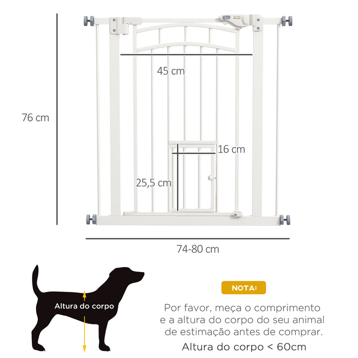 Barreira de Segurança para Cães 74-80 cm para Portas e Escadas Porta de Segurança para Animais com Montagem a Pressão e Duplo Bloqueio Branco