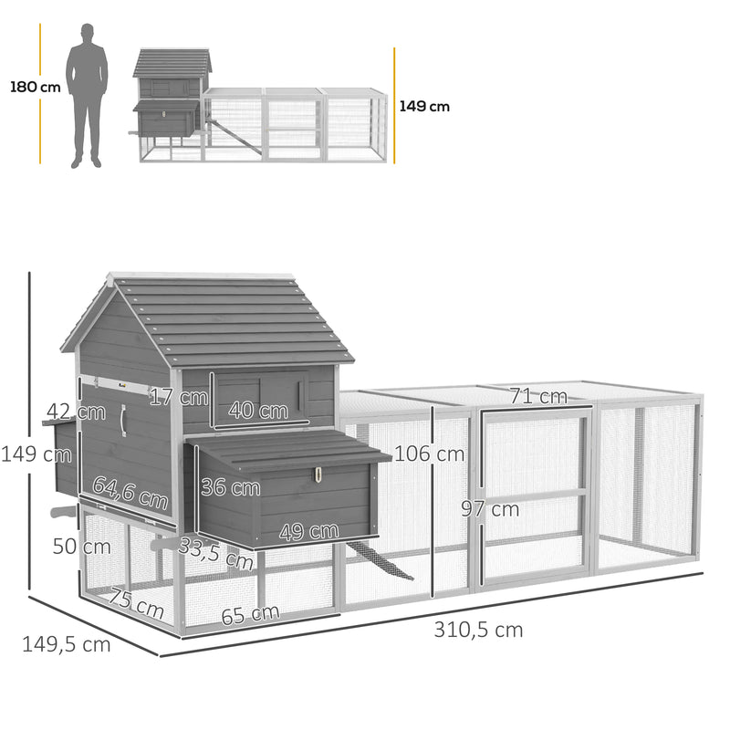 Galinheiro Grande de Madeira 310,5x149,5x149 cm Gaiola para Galinhas com 2 Janelas Portas Ninho Bandeja Amovível e Rampa para Exterior Cinza