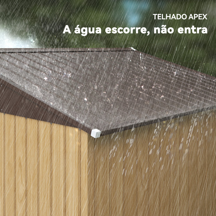 Abrigo de Jardim Exterior 4,9 m², 277x195x192 cm, Casota de Jardim Metálica com Porta de Correr, Ventilação e Kit de Fundação, para Armazenamento de Ferramentas, Castanho Claro