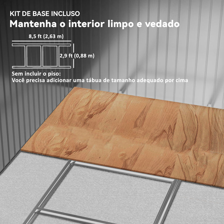 Abrigo de Jardim Exterior 4,9 m², 277x195x192 cm, Casota de Jardim Metálica com Porta de Correr, Ventilação e Kit de Fundação, para Armazenamento de Ferramentas, Castanho Claro