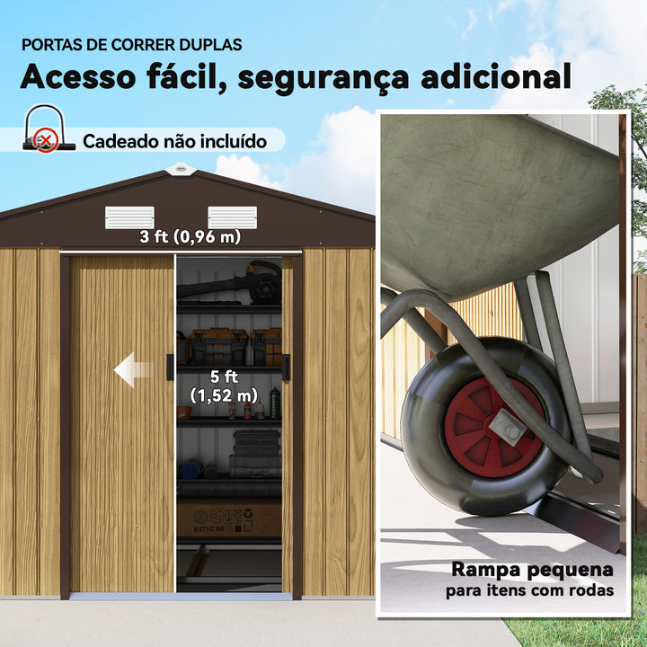 Abrigo de Jardim Exterior 4,9 m², 277x195x192 cm, Casota de Jardim Metálica com Porta de Correr, Ventilação e Kit de Fundação, para Armazenamento de Ferramentas, Castanho Claro