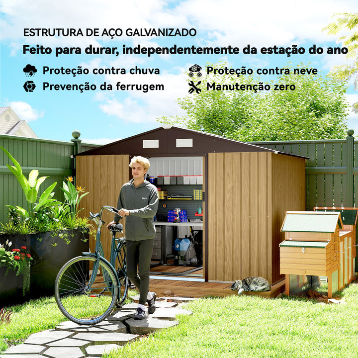 Abrigo de Jardim Exterior 4,9 m², 277x195x192 cm, Casota de Jardim Metálica com Porta de Correr, Ventilação e Kit de Fundação, para Armazenamento de Ferramentas, Castanho Claro