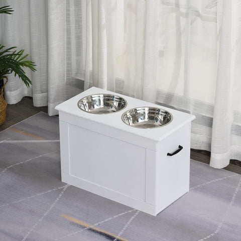 Comedouro Elevado para Cães Comedouro para Cães com 2 Tigelas de Aço Inoxidável e Espaço de Armazenamento Oculto 60x30x41 cm Branco