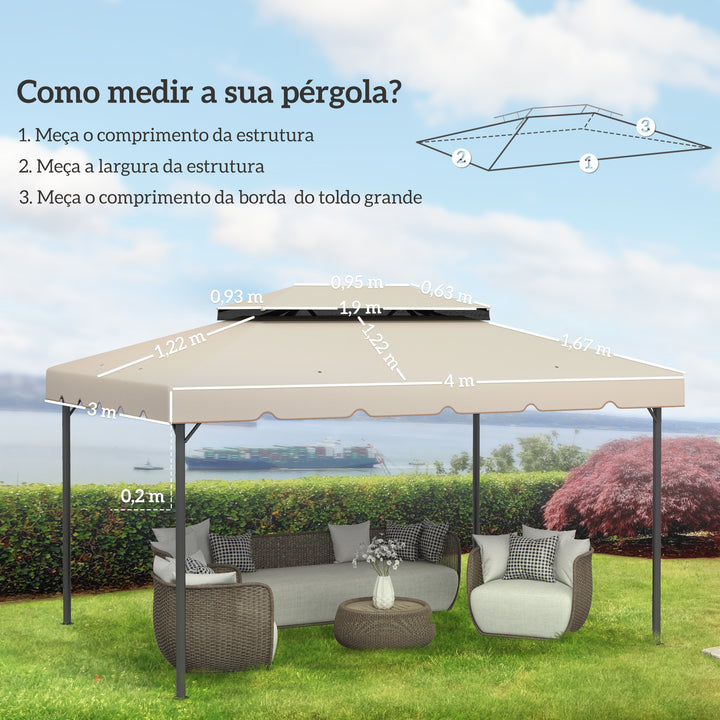 Toldo de Substituição para Pérgola 400x300 cm Teto de Substituição para Pérgolas Exterior com Duplo Teto e 8 Orifícios de Drenagem Bege