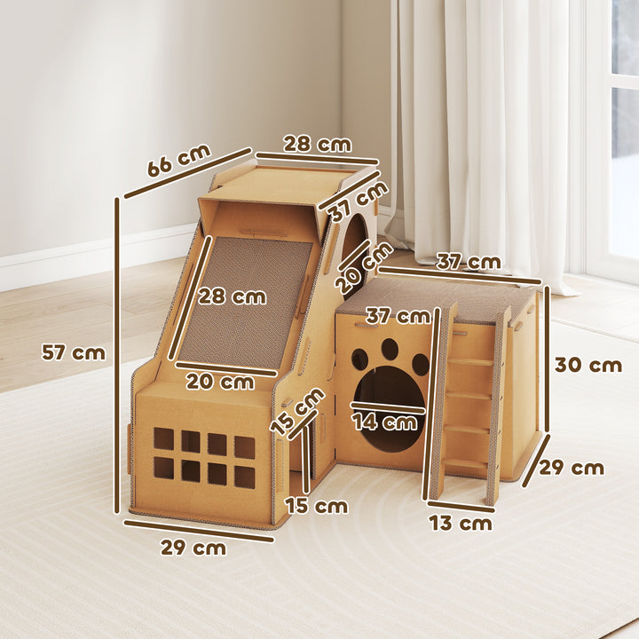 Arranhador para Gatos em Forma de Castelo 2 em 1 com 2 Áreas para Arranhar Catnip Rampa e Escada para Interior 67x66x57 cm Castanho