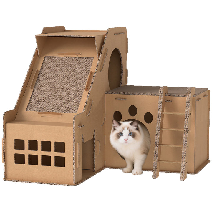 Arranhador para Gatos em Forma de Castelo 2 em 1 com 2 Áreas para Arranhar Catnip Rampa e Escada para Interior 67x66x57 cm Castanho