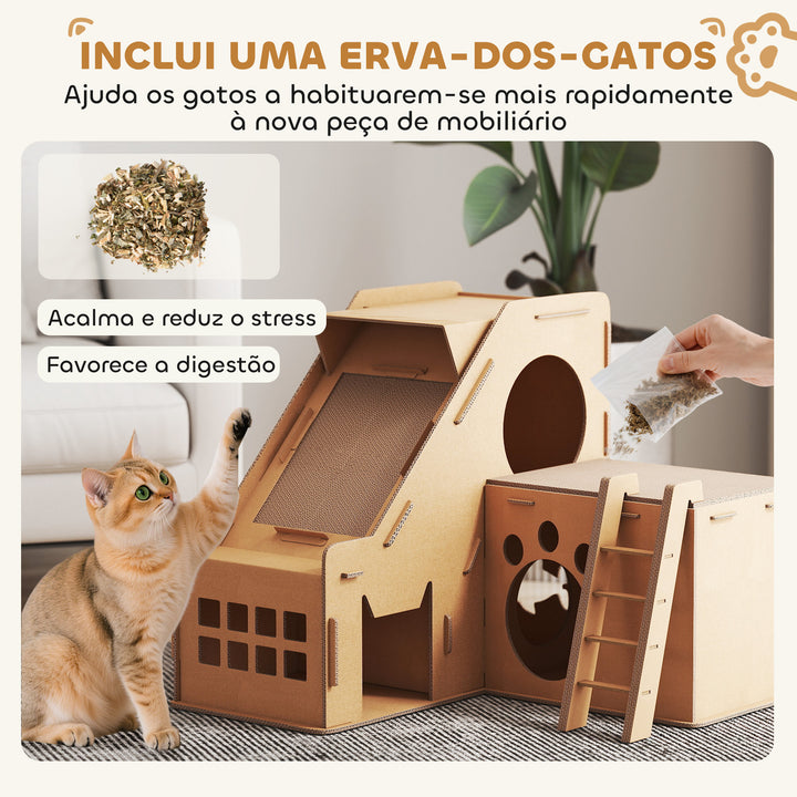 Arranhador para Gatos em Forma de Castelo 2 em 1 com 2 Áreas para Arranhar Catnip Rampa e Escada para Interior 67x66x57 cm Castanho