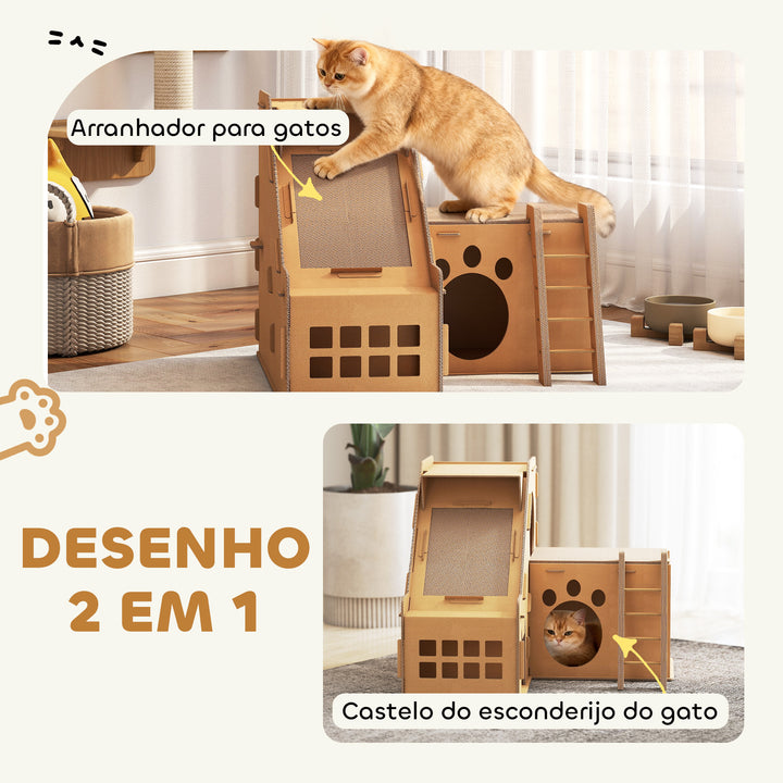 Arranhador para Gatos em Forma de Castelo 2 em 1 com 2 Áreas para Arranhar Catnip Rampa e Escada para Interior 67x66x57 cm Castanho