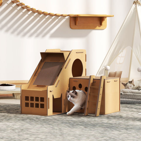 Arranhador para Gatos em Forma de Castelo 2 em 1 com 2 Áreas para Arranhar Catnip Rampa e Escada para Interior 67x66x57 cm Castanho