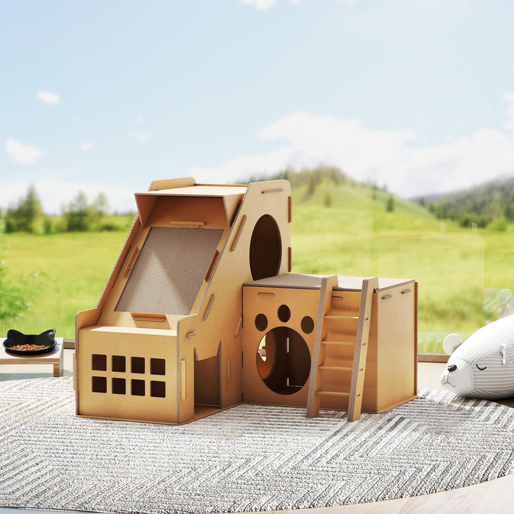 Arranhador para Gatos em Forma de Castelo 2 em 1 com 2 Áreas para Arranhar Catnip Rampa e Escada para Interior 67x66x57 cm Castanho