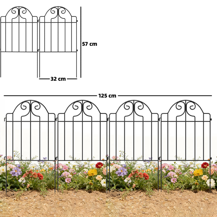 Conjunto de 4 Cercas de Jardim em Metal 125x57 cm Cercas Decorativas com Design Arqueado Resistente e Fácil de Instalar para Horta Pátio Terraço Relva Preto