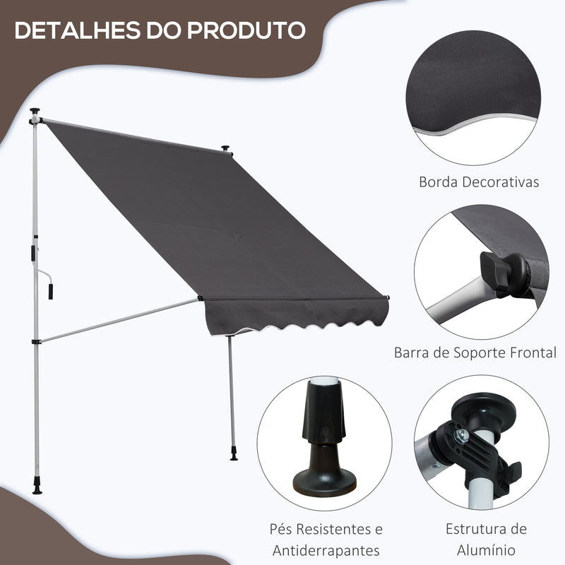 Toldo Manual Retrátil 200x150 cm com Manivela de Alumínio Ângulo Ajustável Proteção Solar para Varanda Jardim Pátio Cinza