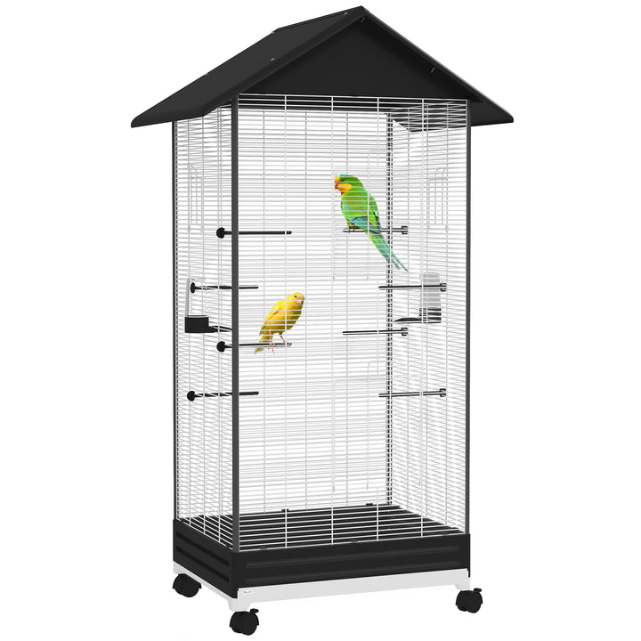 Gaiola para Pássaros com Rodas Gaiola Metálica com Bandeja Amovível 4 Portas 2 Comedouros e 8 Poleiros para Canários Periquitos 79x65x155 cm Preto