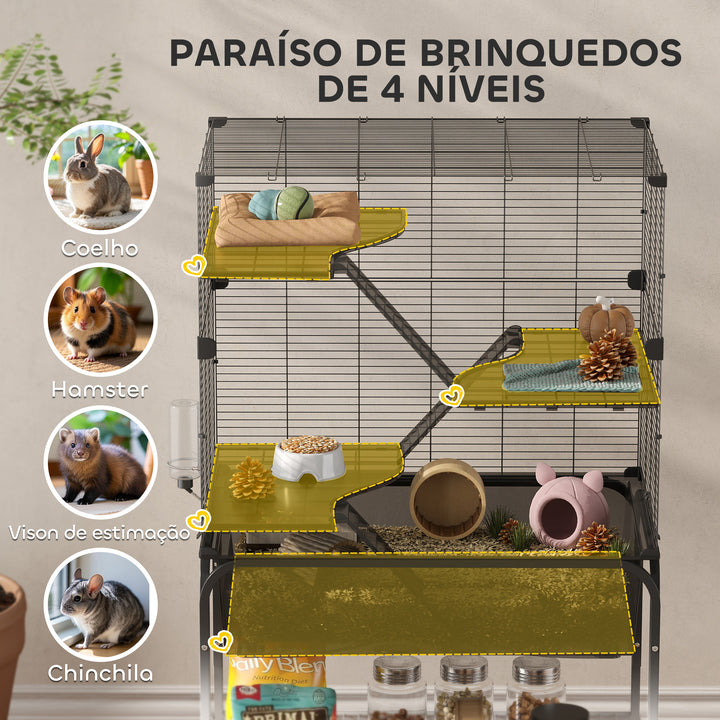 Gaiola para Pequenos Animais de 4 Níveis com Bandeja Inferior Gaiola para Roedores com Rampas Comedouro e Bebedouro Recinto para Chinchilas 73x47x123 cm Preto