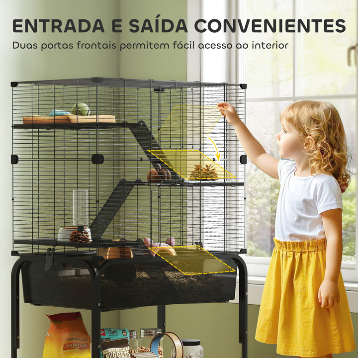 Gaiola para Pequenos Animais de 4 Níveis com Bandeja Inferior Gaiola para Roedores com Rampas Comedouro e Bebedouro Recinto para Chinchilas 73x47x123 cm Preto