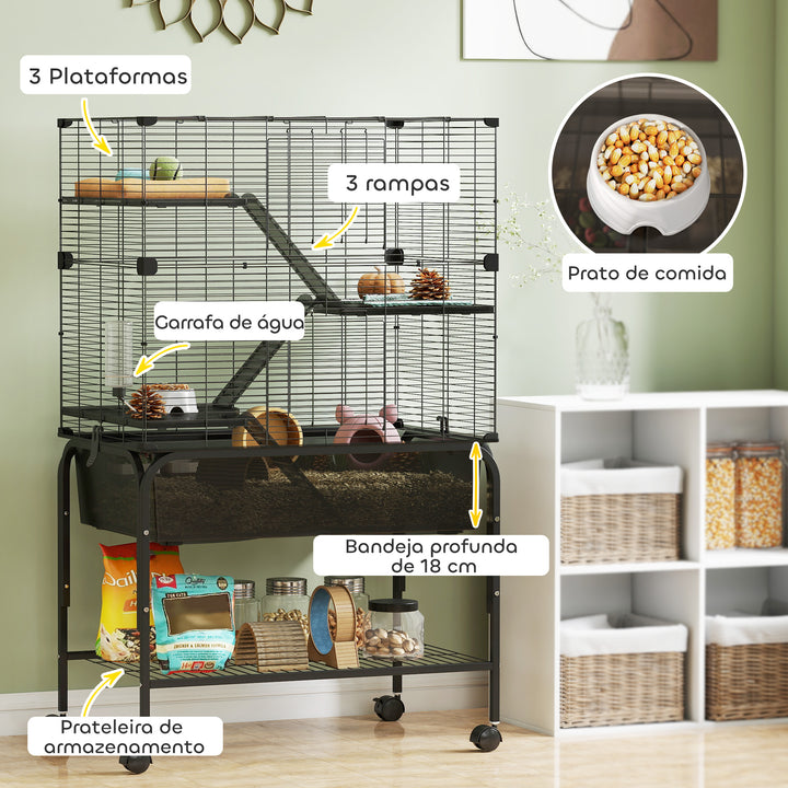 Gaiola para Pequenos Animais de 4 Níveis com Bandeja Inferior Gaiola para Roedores com Rampas Comedouro e Bebedouro Recinto para Chinchilas 73x47x123 cm Preto
