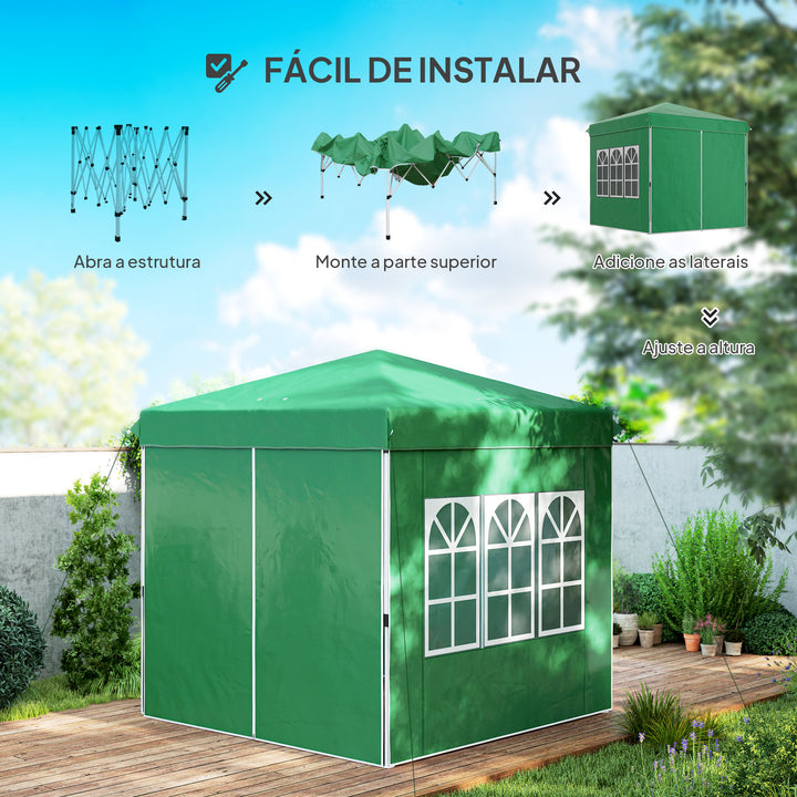 Tenda Dobrável Pop-Up Tenda 248x248x270 cm com 4 Paredes Laterais Anti-UV Altura Ajustável e Bolsa de Transporte para Campismo Festas Verde Escuro