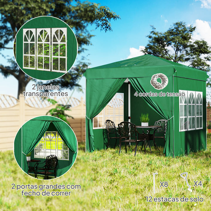 Tenda Dobrável Pop-Up Tenda 248x248x270 cm com 4 Paredes Laterais Anti-UV Altura Ajustável e Bolsa de Transporte para Campismo Festas Verde Escuro