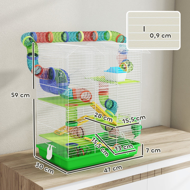 Gaiola para Hamster de 5 Níveis 47x30x59 cm Casa para Animais Pequenos com Túneis Tigela Bebedouro Casinha Roda de Exercício Rampas para Hamsters e Gerbos Verde