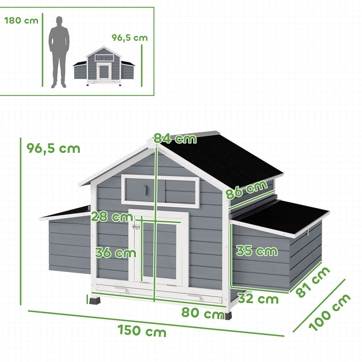 Galinheiro de Madeira para Exterior Casa para Galinhas com 2 Ninhos Bandeja Removível Poleiros Telhado Impermeáve, Casa para 2-4 Galinhas e Coelhos 150x100x96,5 cm Cinzento