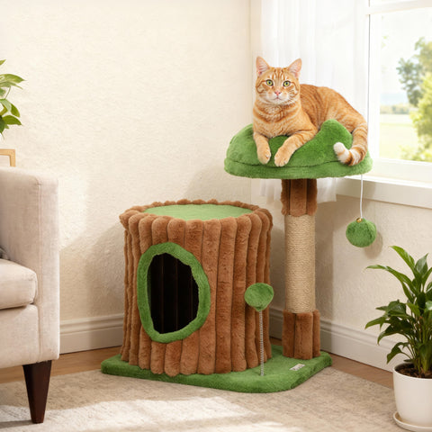 Arranhador para Gatos 53 cm Design de Tronco Torre Escaladora com Cama Caverna Poste de Juta Bolas Penduradas Castanho e Verde